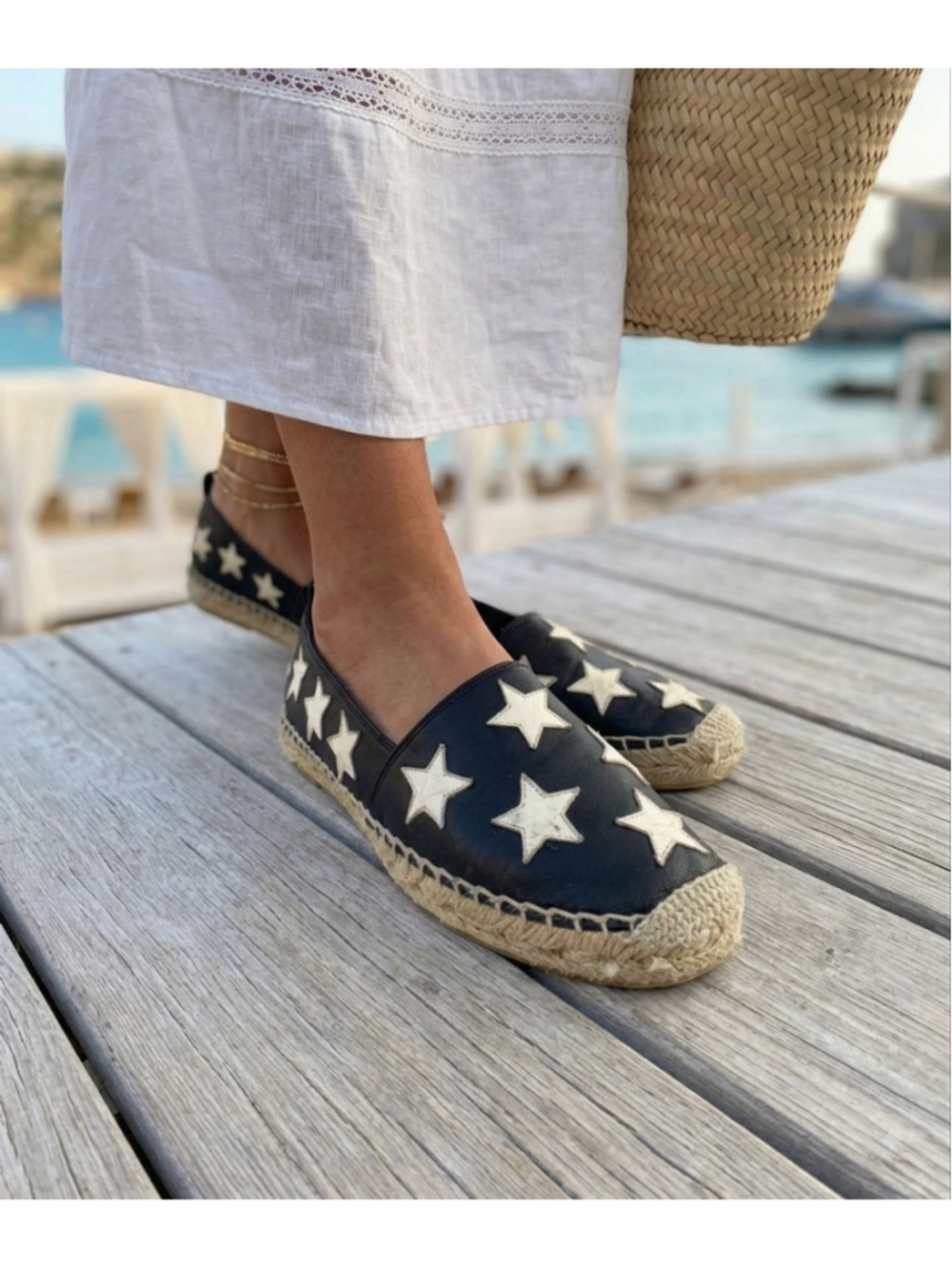 Saint Laurent Black Leather Star Espadrille Flats Size 5/ EU 35